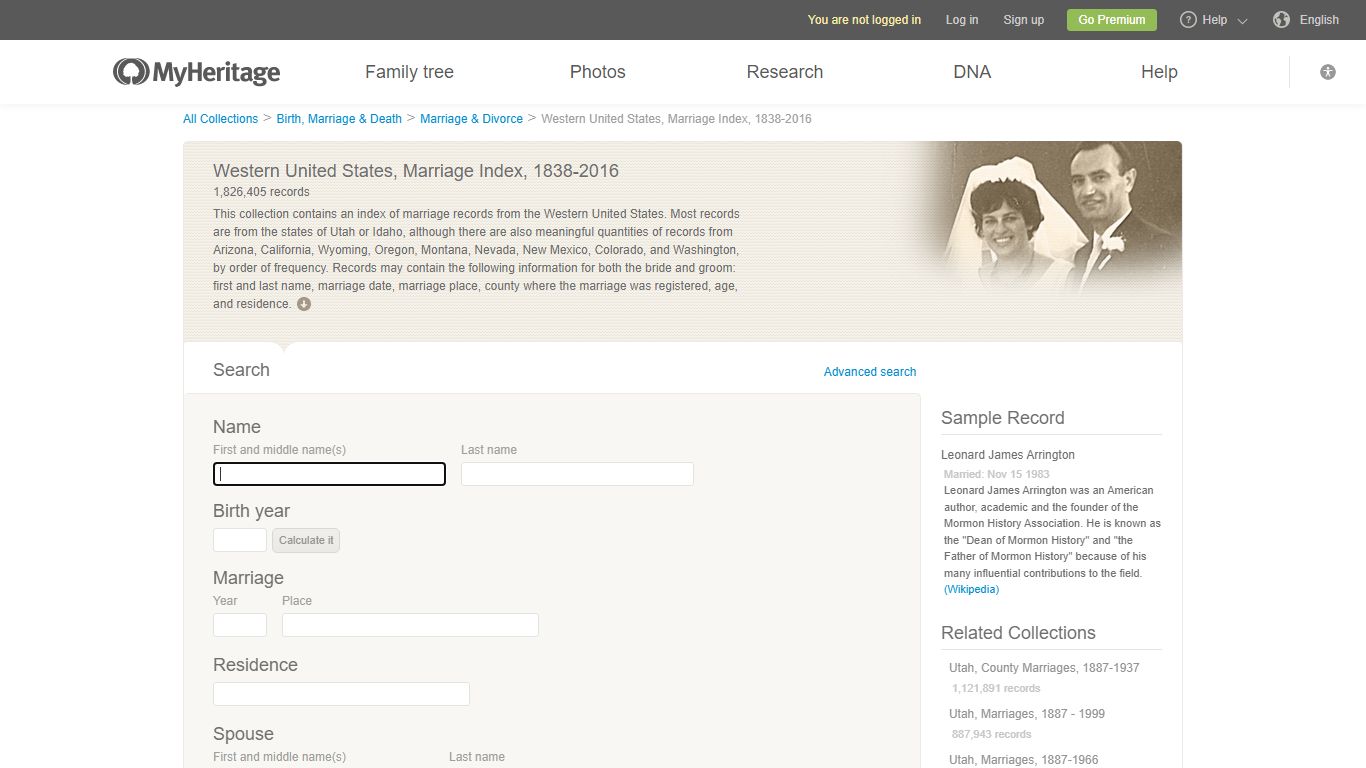 Western United States, Marriage Index, 1838-2016 - MyHeritage